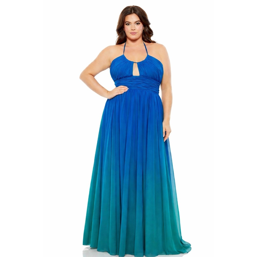 NWT Mac Duggal 14W‎ 77017 Ombré Chiffon Gown Long Plus-Size Wide Keyhole Halter